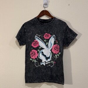 PLAYBOY Kids Tee with Bunny and Floral Design - Black and Pink